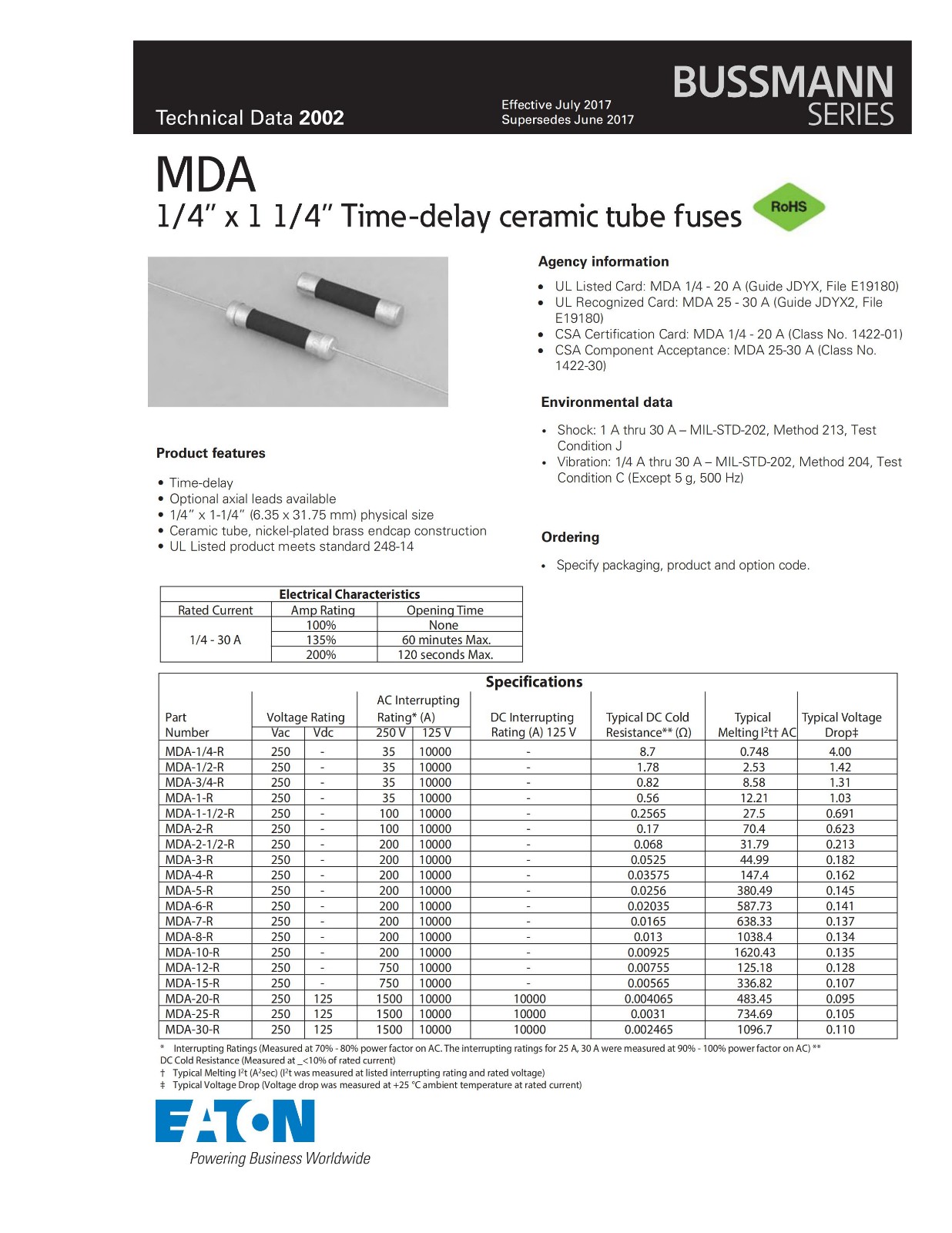 MDA系列延時保險管參數(shù)